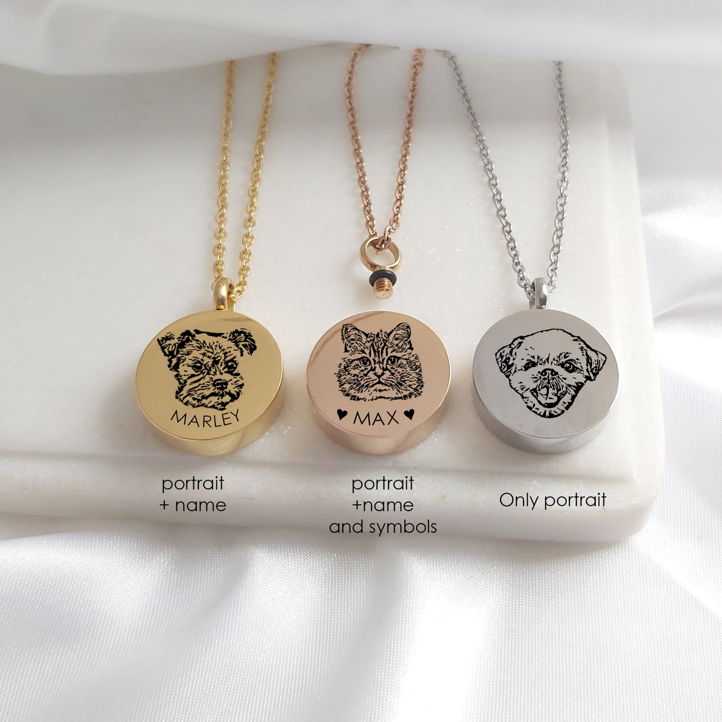 Pet portrait cremation urn necklace for ashes.