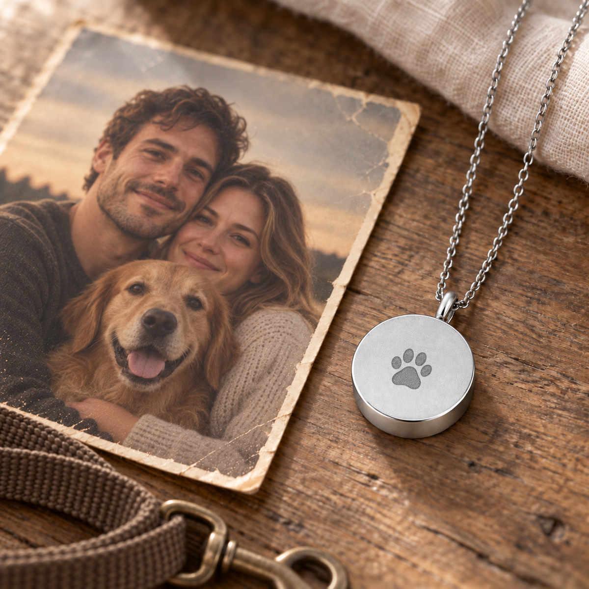 Round urn necklace for pet ashes, engraved with custom pet portrait