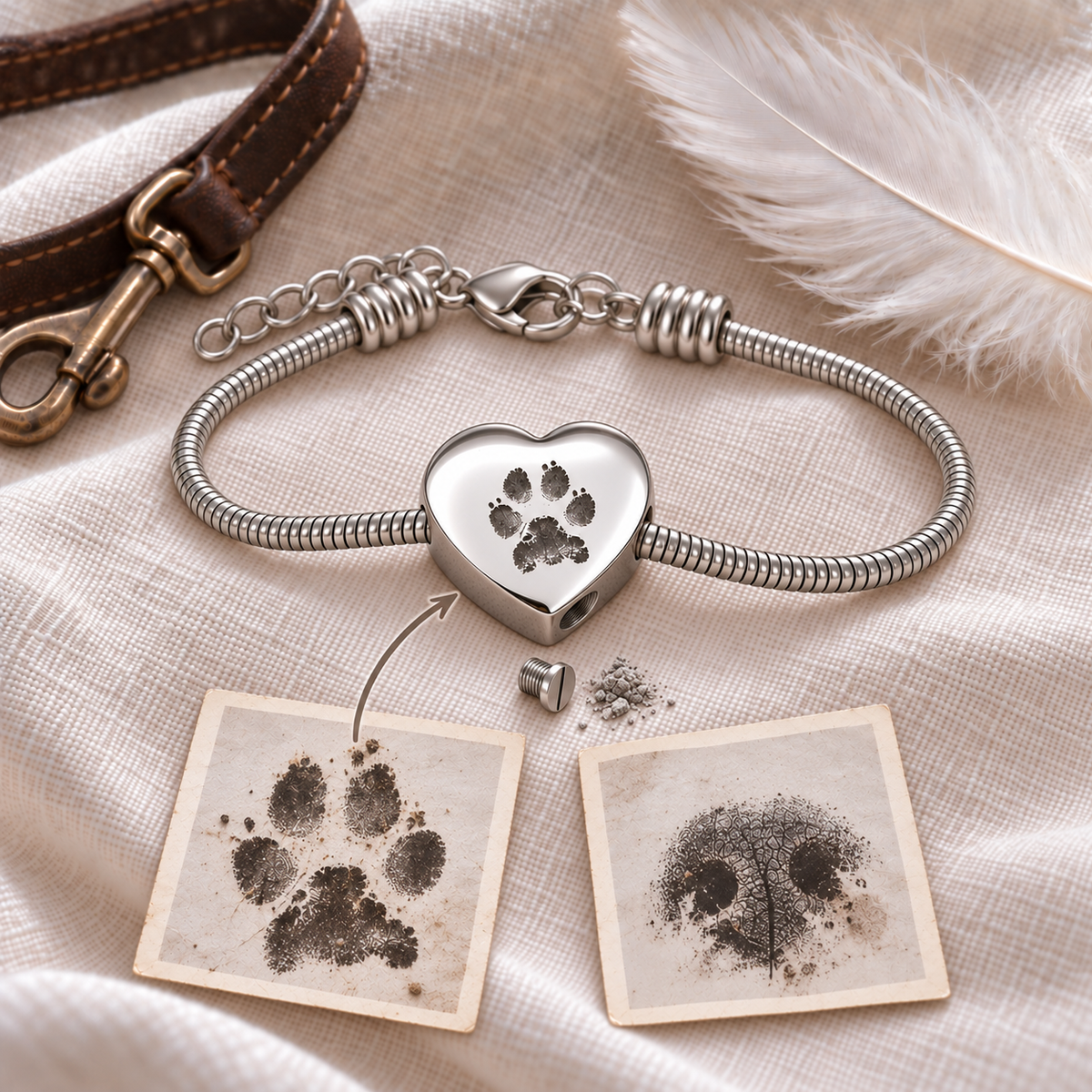 Dije de urna de corazón con la huella de la pata de tu mascota para pulsera para cenizas.