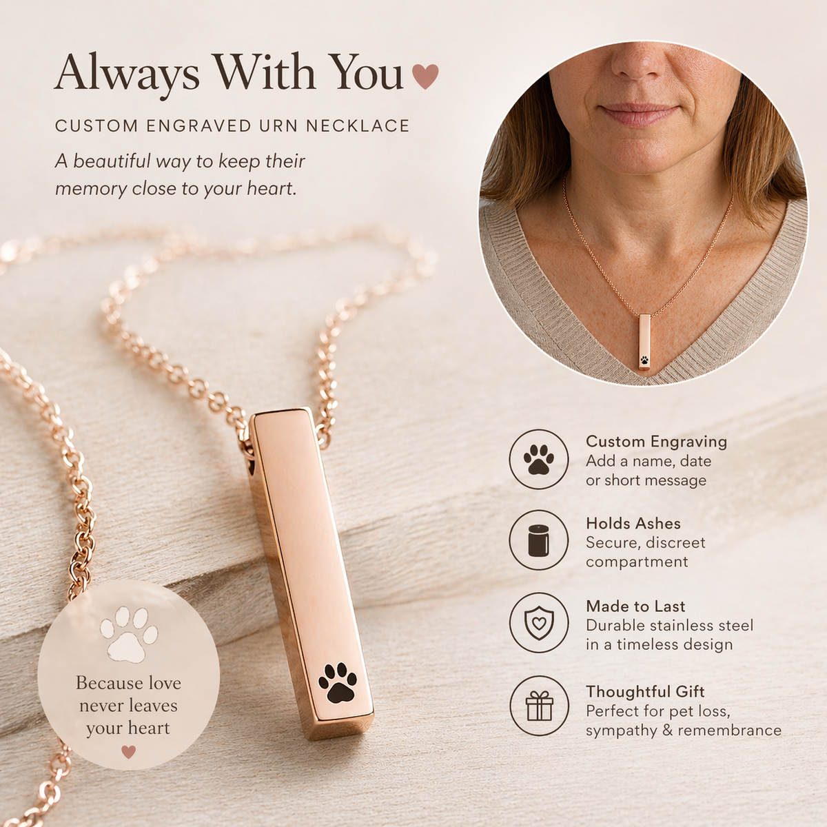 Collar de urna con escritura propia para cenizas humanas.