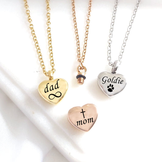 Engraved cremation heart urn necklace for ashes.