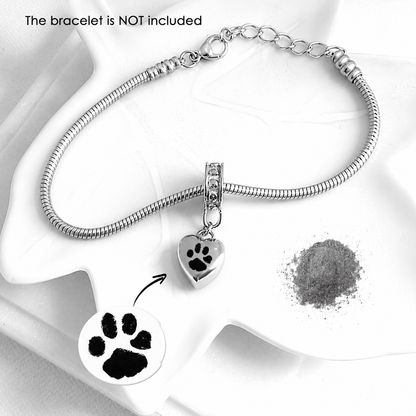 Dije de urna colgante con forma de corazón con la huella de la pata de tu mascota para pulsera para cenizas.