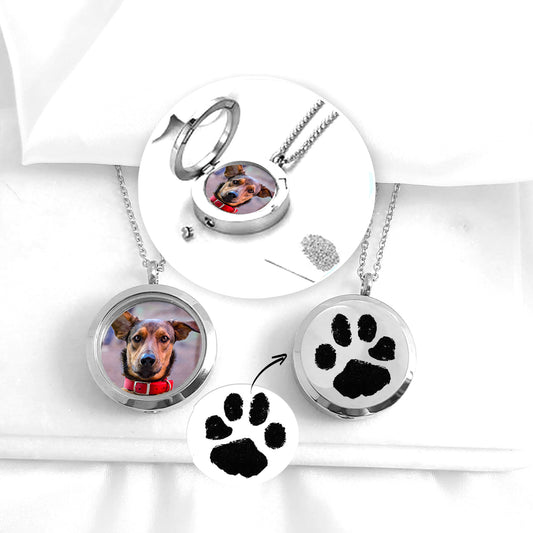 Pet paw print memorial locket with photos and urn for ashes.