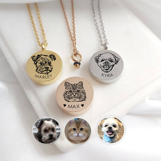 round Pet memorial pendants urns with engraved pet faces and names on a white background