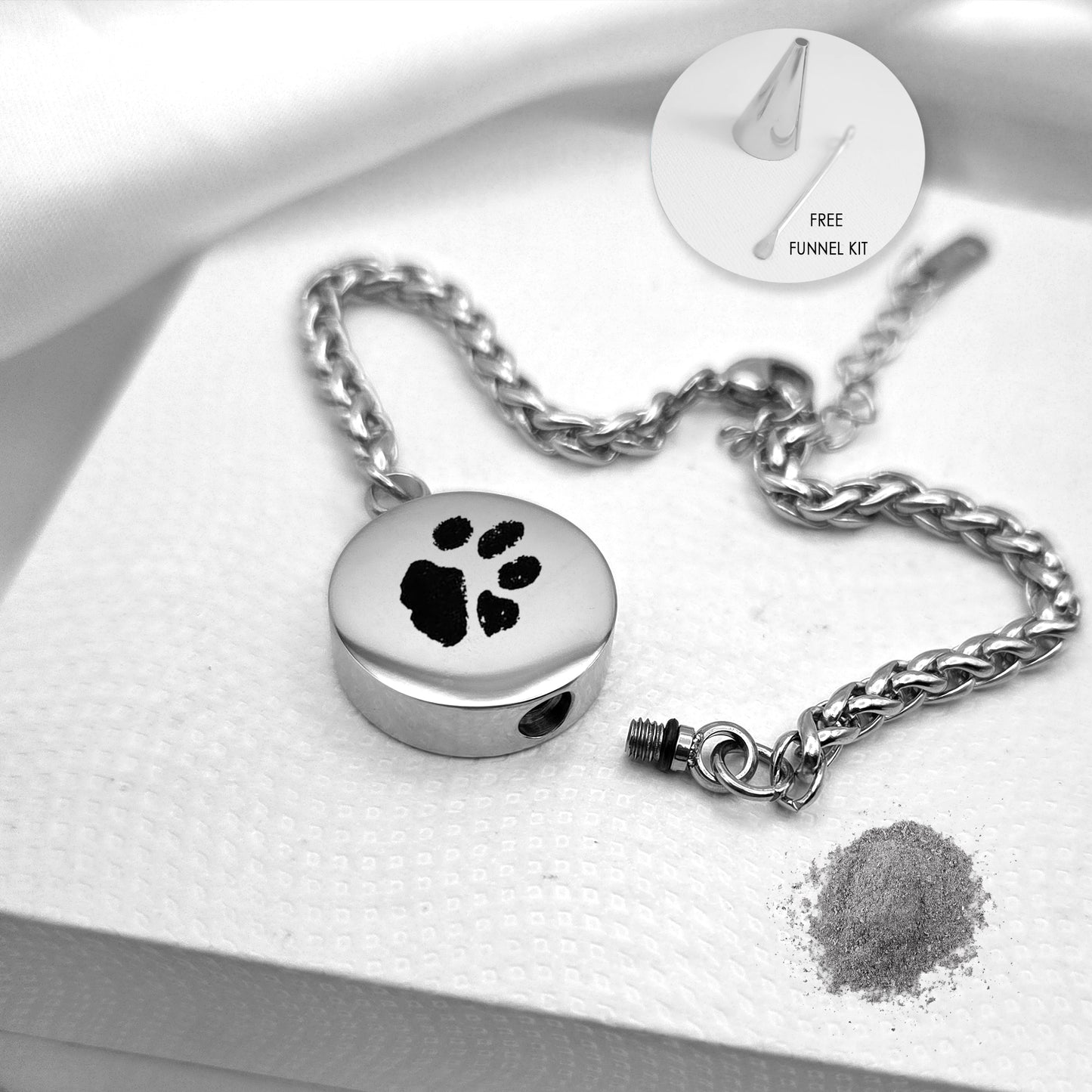 Custom paw print round urn bracelet for ashes.