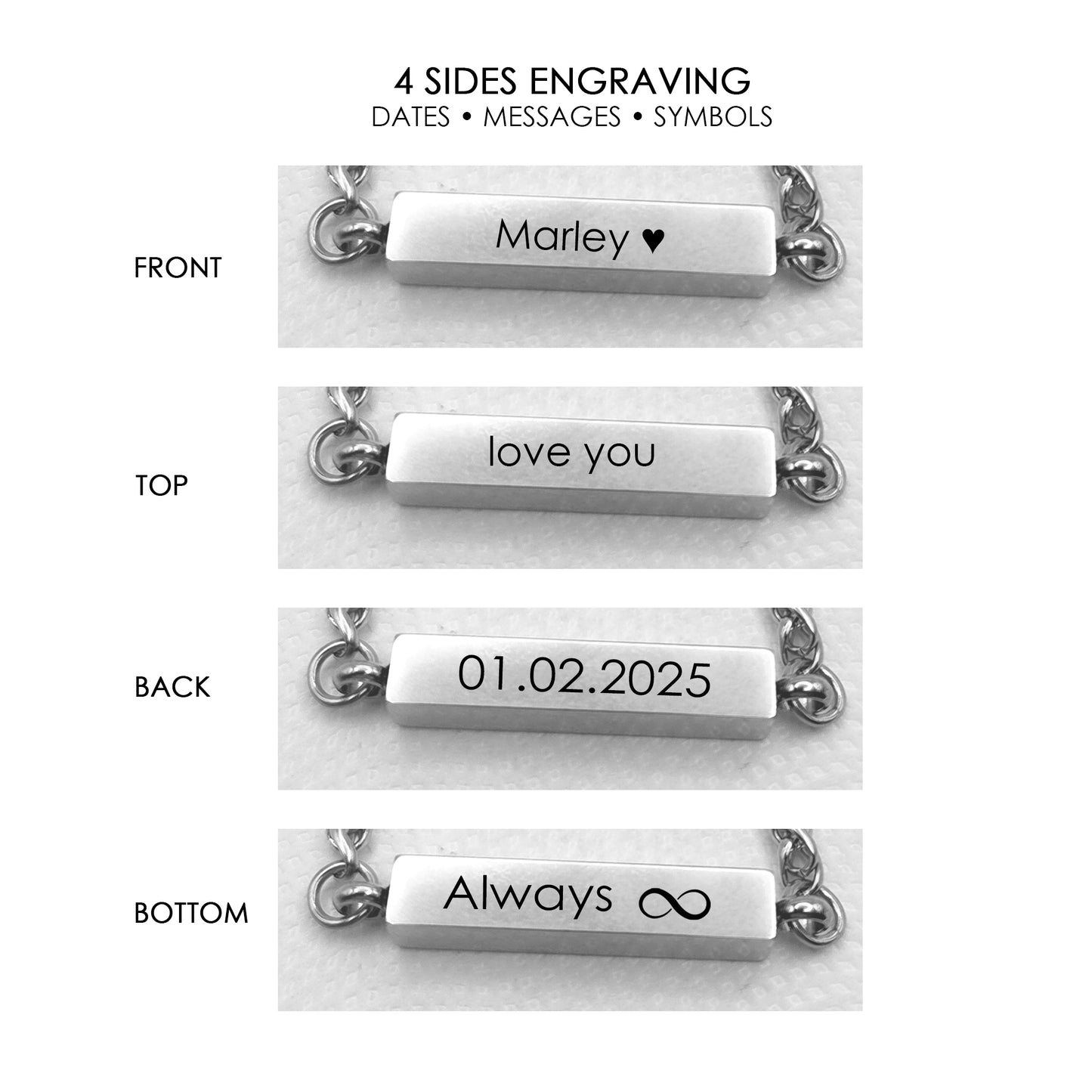 Custom engraved bar urn bracelet for ashes.