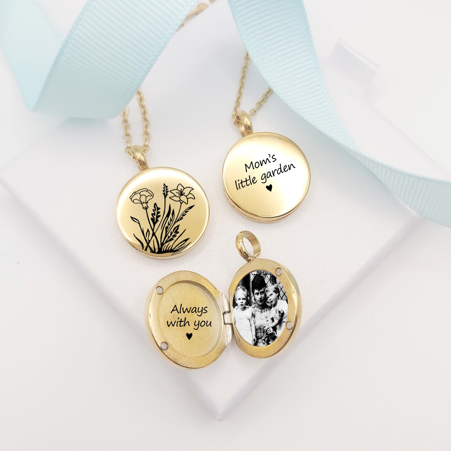 Personalized Birth flower bouquet locket with photo for woman.
