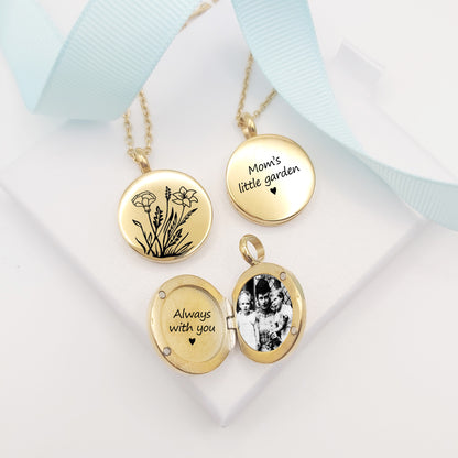 Personalized Birth flower bouquet locket with photo for woman.