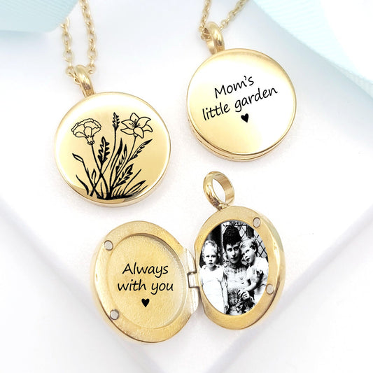 Medallón de ramo de flores de nacimiento personalizado con foto para mujer.