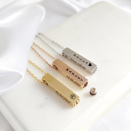 Engraved pet cremation bar urn necklace for ashes.