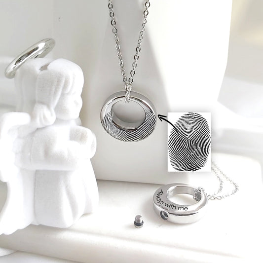 Custom thumbprint Infinity urn necklace for human ashes.