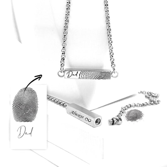 Custom thumbprint urn bar necklace for human ashes.