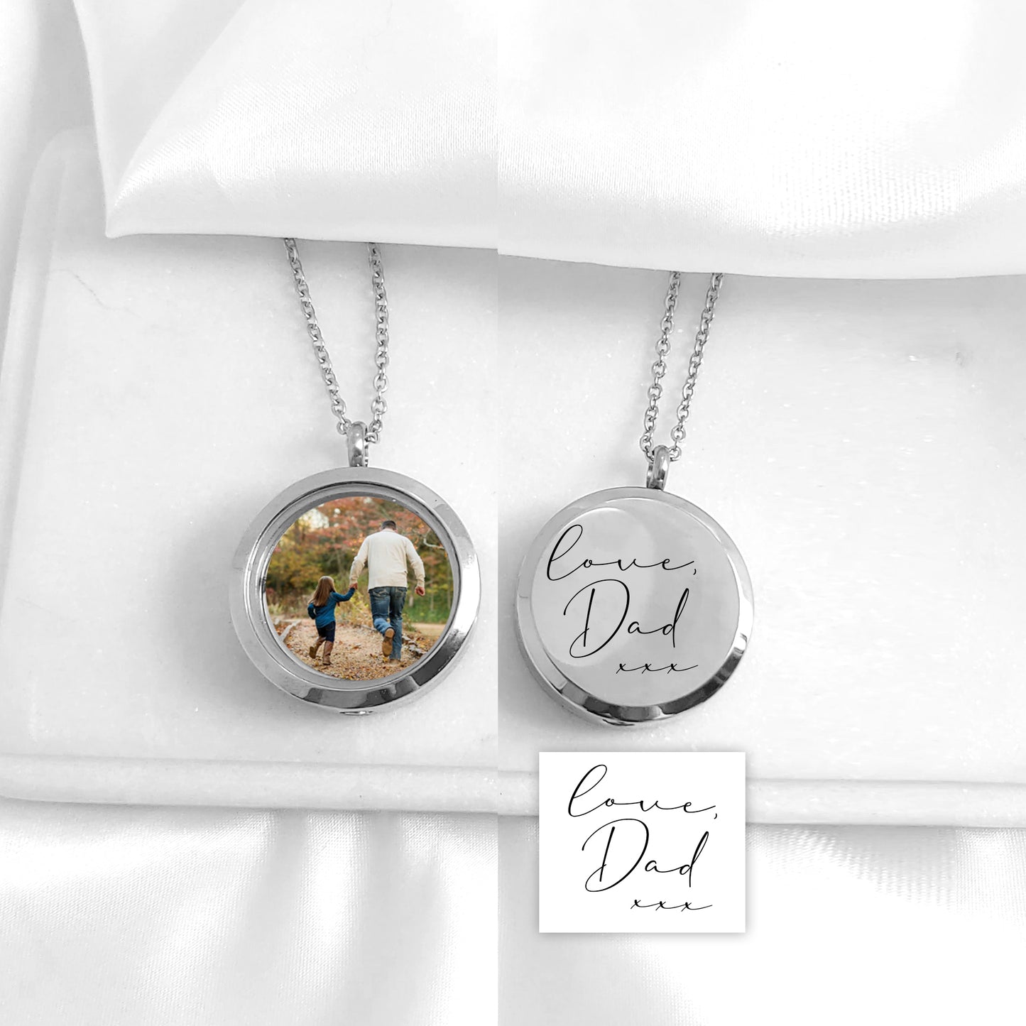 Memorial handwriting locket with photos and urn for ashes.