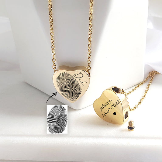 Memorial thumbprint heart urn necklace for human ashes.