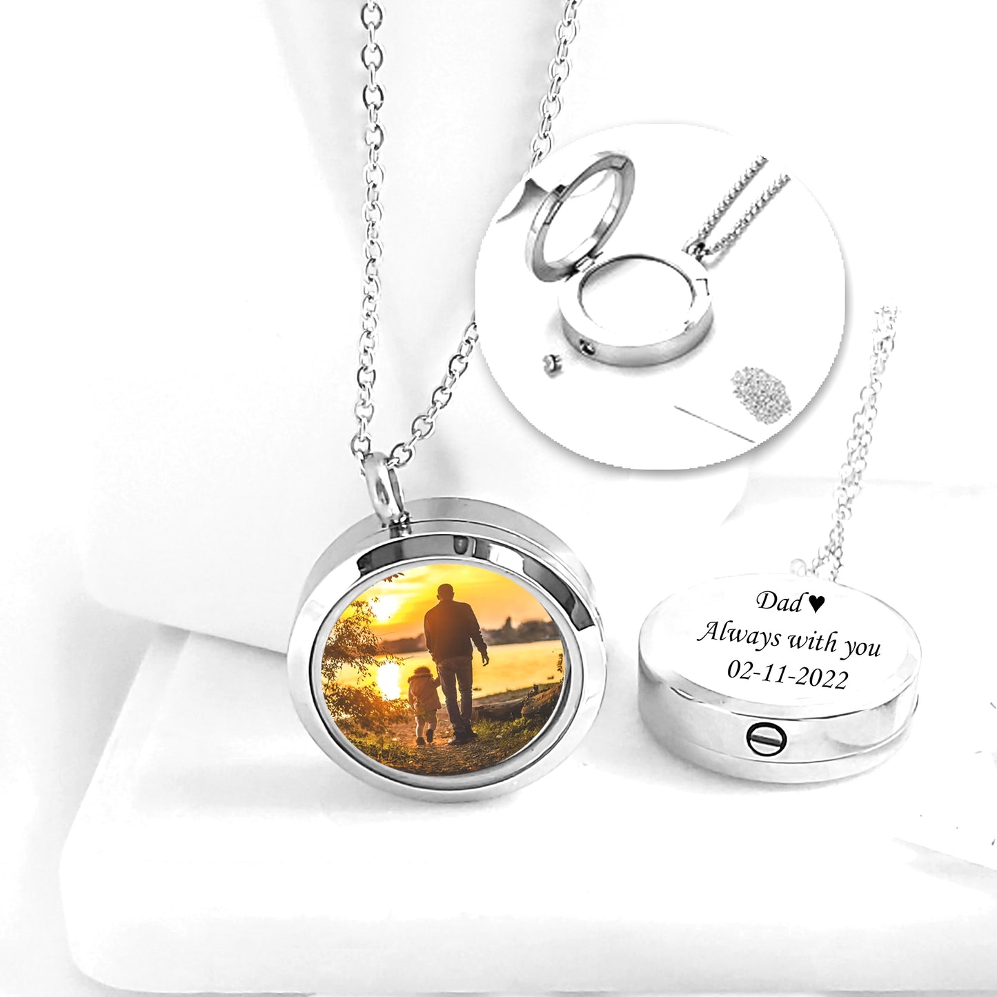Memorial locket with photos and urn for ashes.
