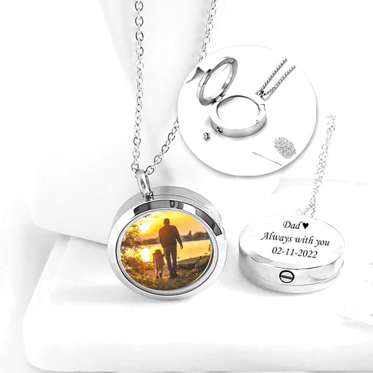 Memorial locket with photos and urn for ashes.