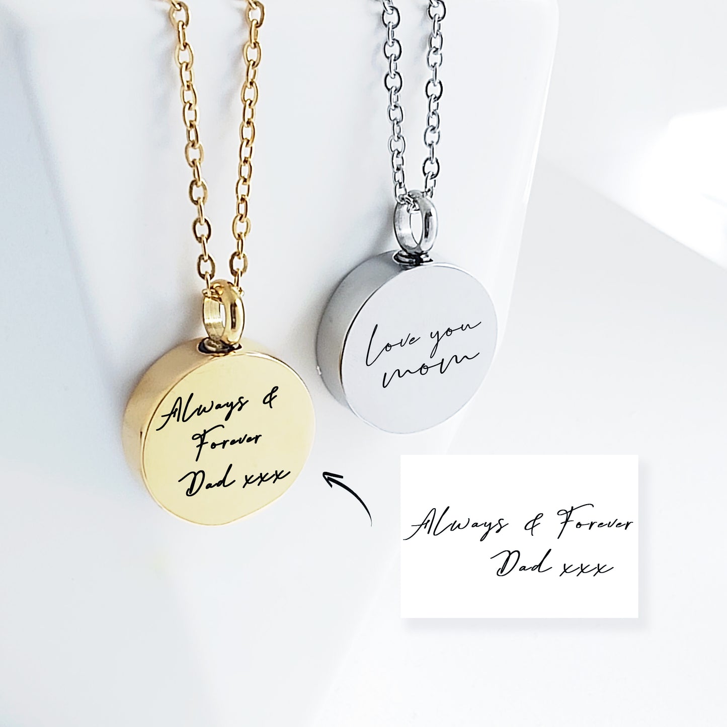 Custom handwriting urn necklace for human ashes.