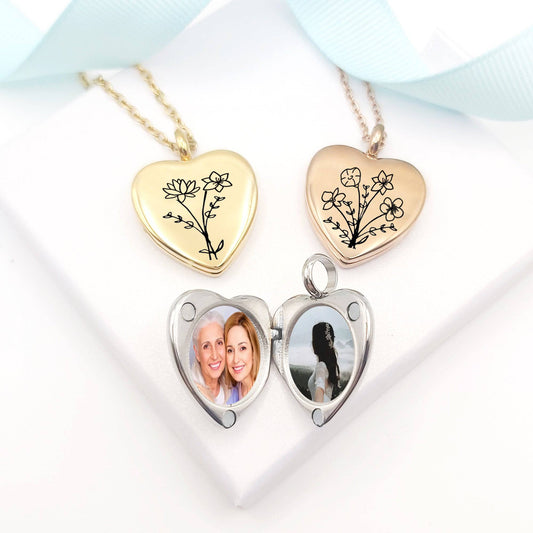 Birth flower bouquet heart locket with photo for mom. - mobimomentos
