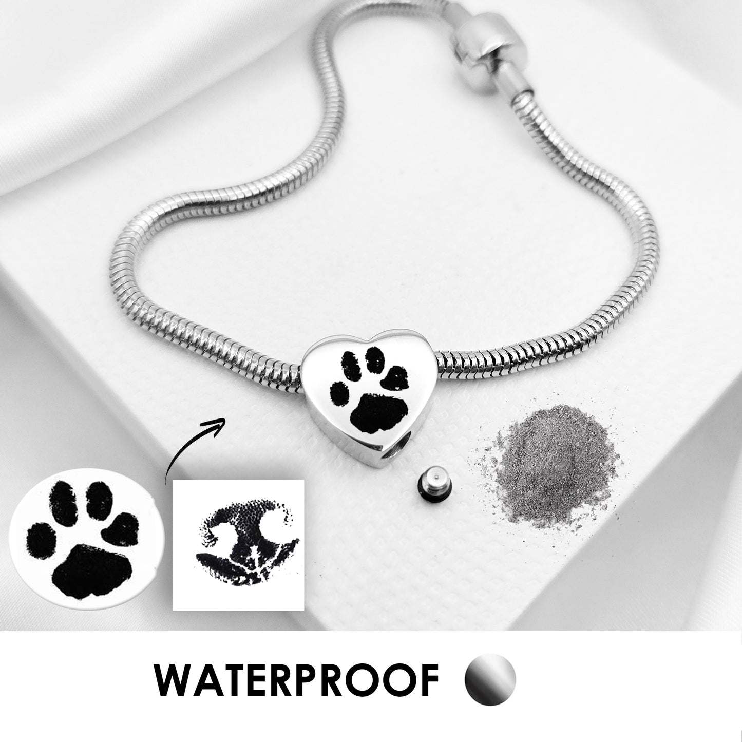 Your pet paw print heart urn charm for bracelet for ashes.