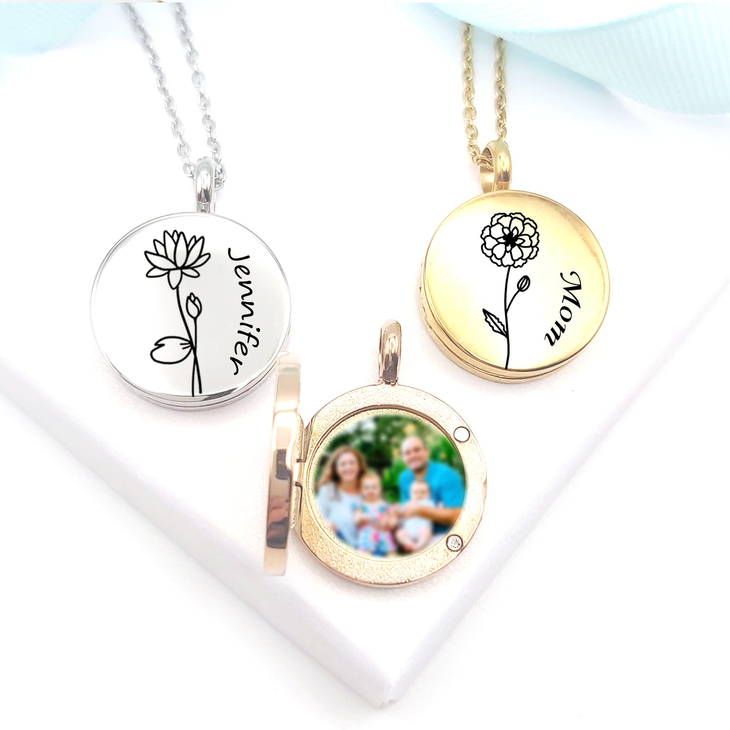 Personalized locket with photo engraved with birth flower for mom and best friends.