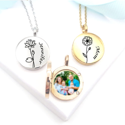 Personalized locket with photo engraved with birth flower for mom and best friends.