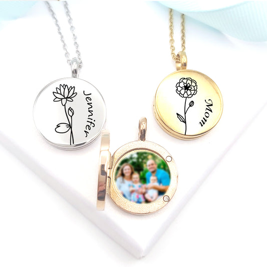 Personalized locket with photo engraved with birth flower for mom and best friends.