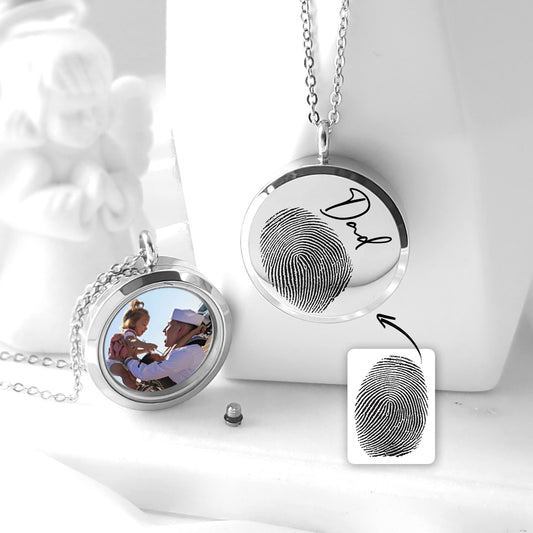 Memorial thumbprint locket with photos and urn for ashes.