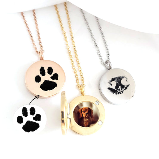 Paw print heart locket necklace with photo.