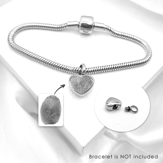 Thumbprint cremation heart urn charm for bracelet for ashes.