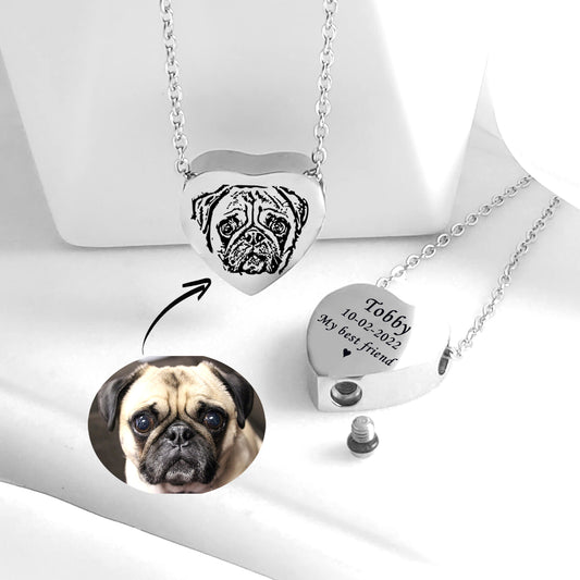 Pet portrait cremation heart urn necklace for ashes.