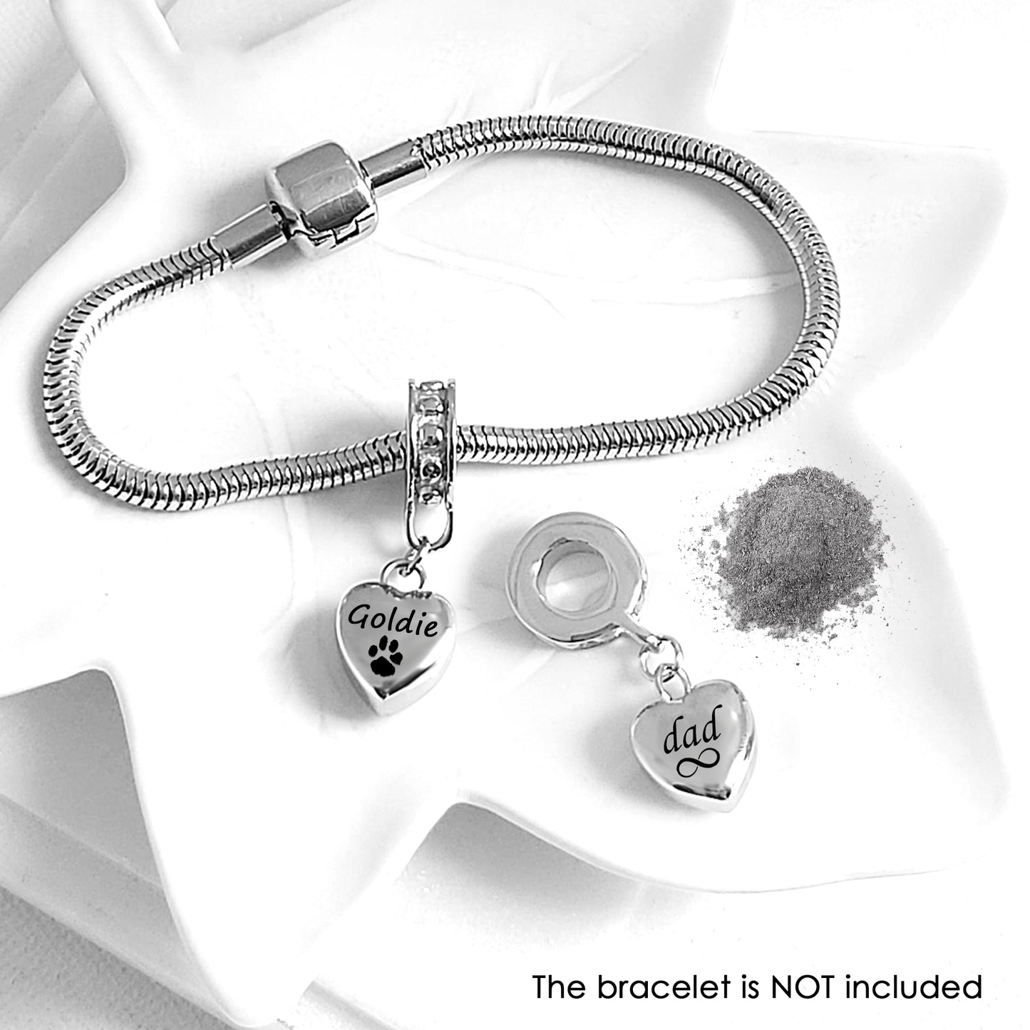 Custom cremation dangling heart urn charm for bracelet for ashes.