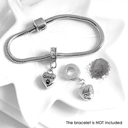 Custom cremation dangling heart urn charm for bracelet for ashes.