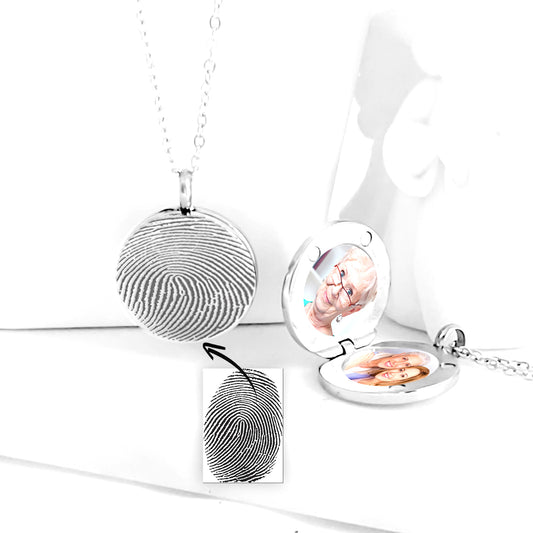 Memorial thumbprint locket with photos and engraving.
