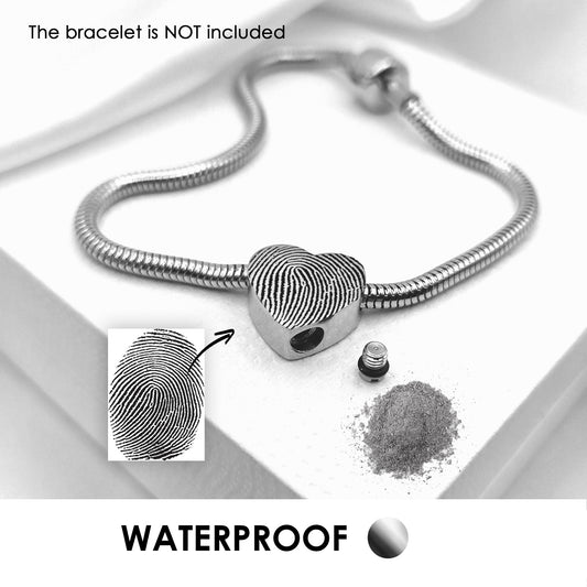 Engraved thumbprint cremation heart urn charm for bracelet for ashes.