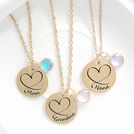 Grandma and mom heart necklace with kids birthstones. - mobimomentos