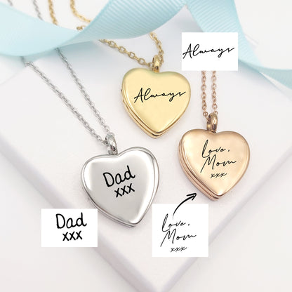 Handwriting and signature heart locket with photos, memorial jewelry.