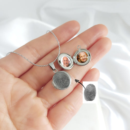 Memorial thumbprint mini locket with photos and engraving.