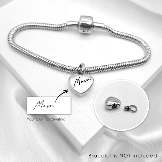 Custom handwriting cremation heart urn charm for bracelet for ashes.