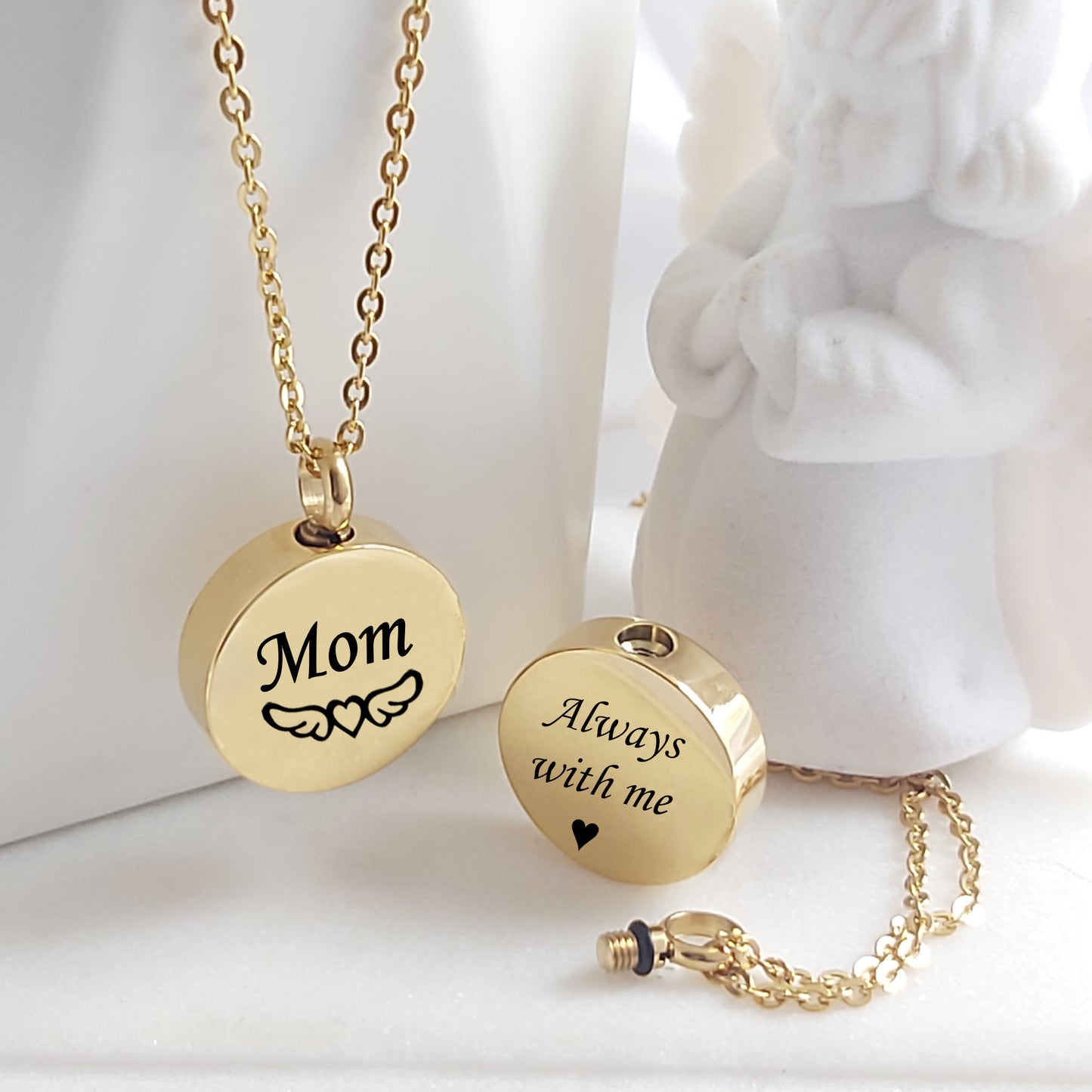 Engraved cremation round urn necklace for ashes.