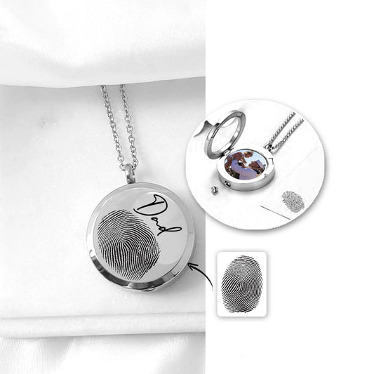 Memorial thumbprint locket with photos and urn for ashes. - mobimomentos