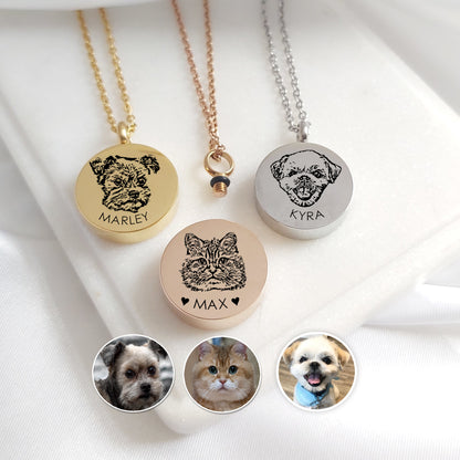 Pet portrait cremation urn necklace for ashes.