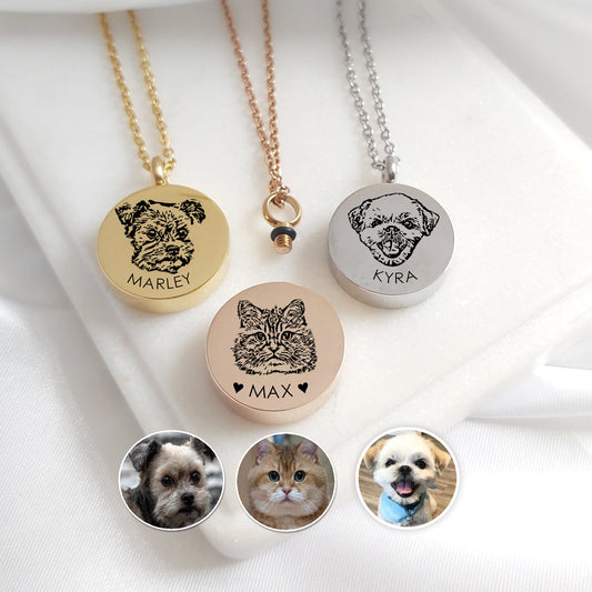 Pet portrait cremation urn necklace for ashes.
