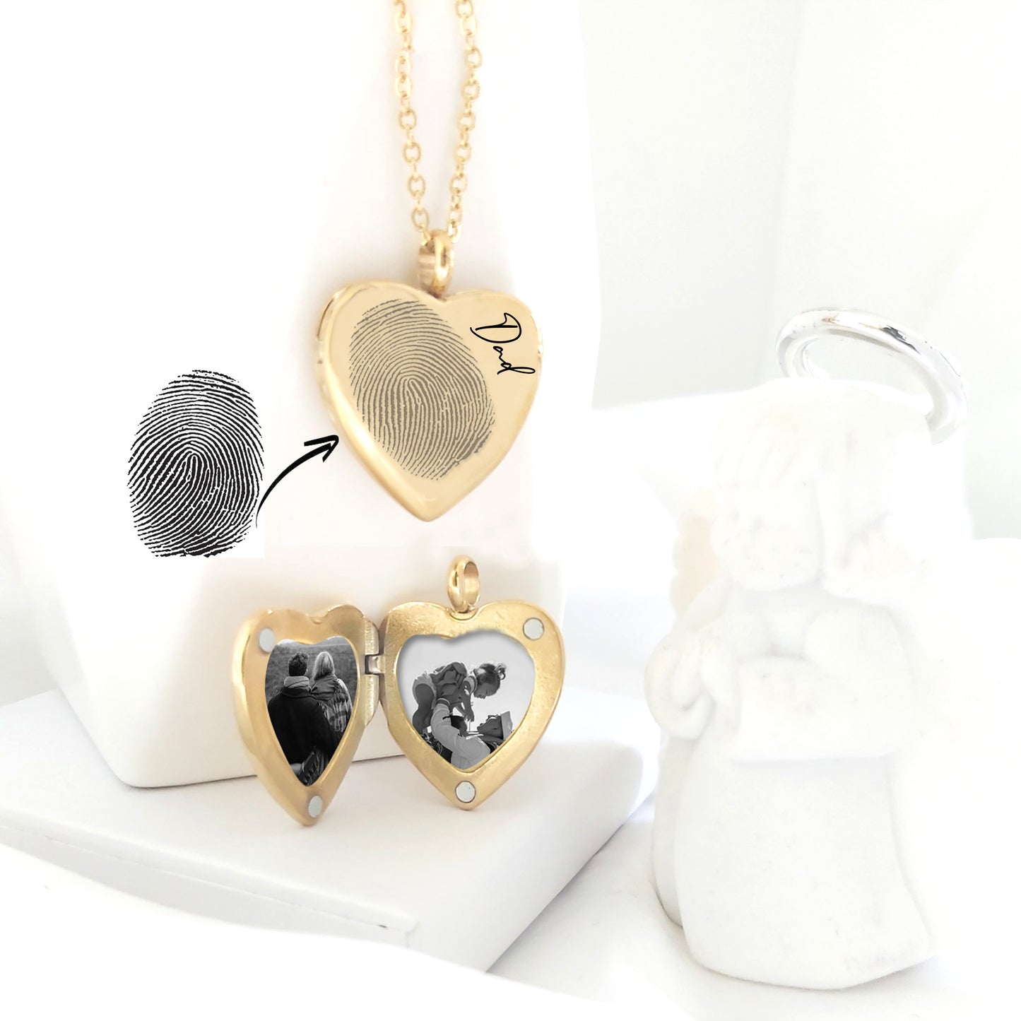 Memorial thumbprint heart locket with photos and engraving.