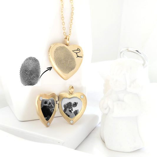 Memorial thumbprint heart locket with photos and engraving.