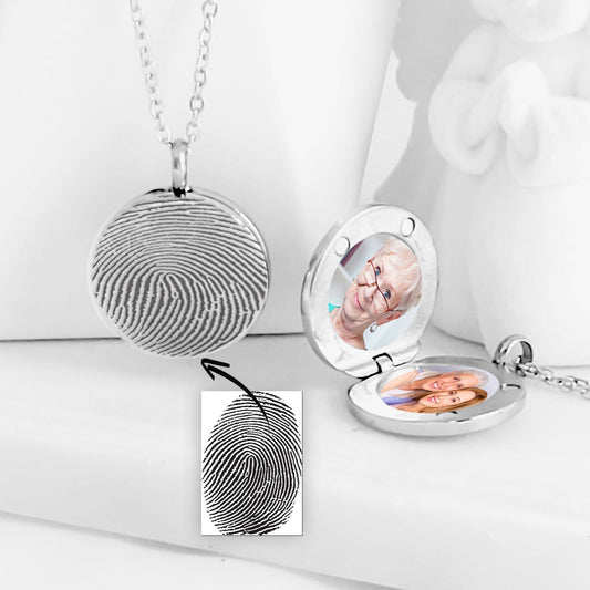 Memorial thumbprint locket with photos and engraving, unisex locket.