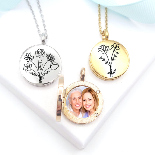 Birth flower bouquet locket with photo for mom.