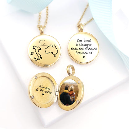 Two country map locket with photos.