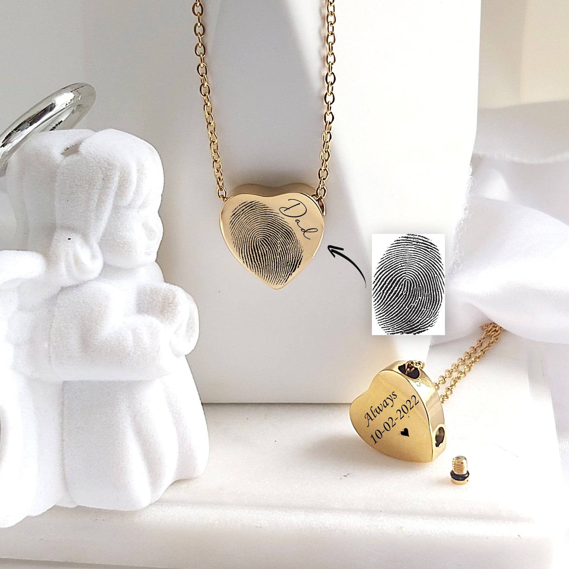 Memorial thumbprint heart urn necklace for human ashes. - mobimomentos