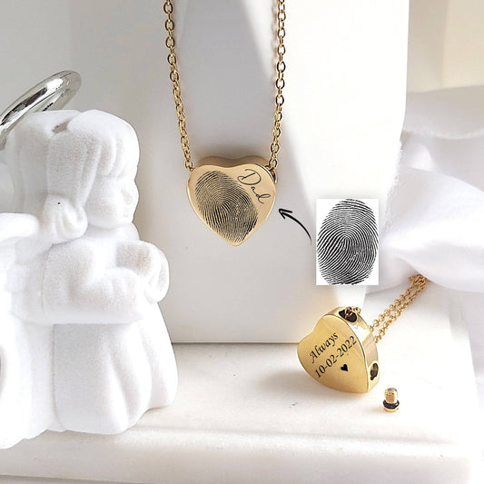 Memorial thumbprint heart urn necklace for human ashes. - mobimomentos