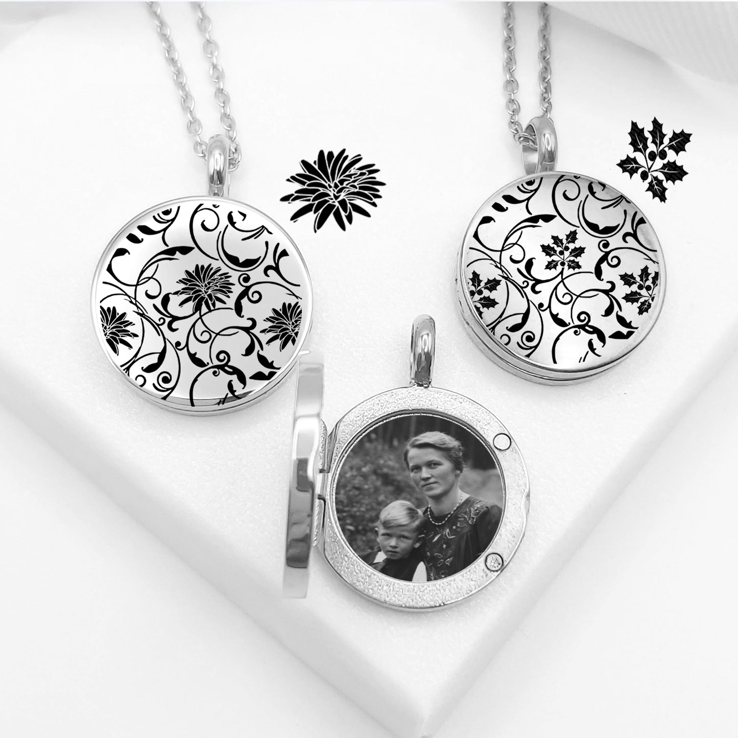 Custom engraved locket with birth flower for woman.